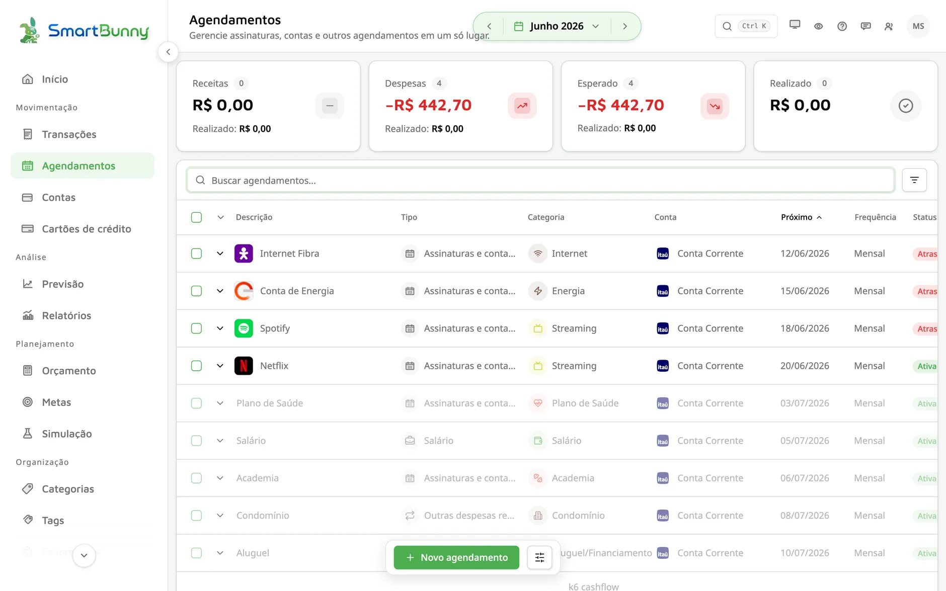 Tela de agendamentos do SmartBunny com assinaturas, contas e parcelas recorrentes