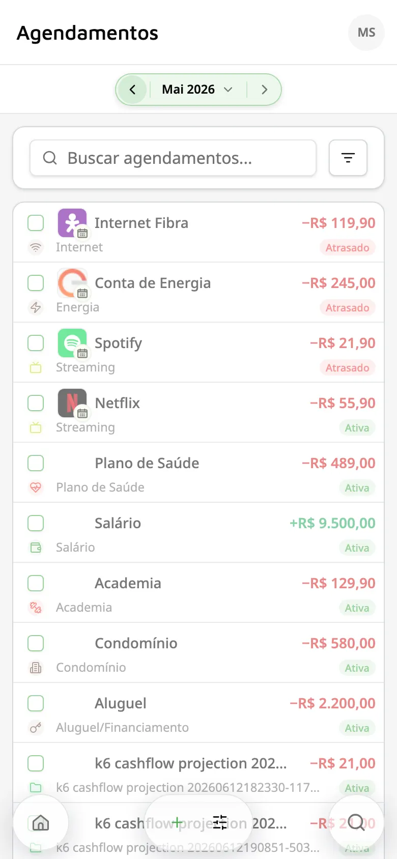 Tela de agendamentos do SmartBunny no celular com assinaturas e contas recorrentes