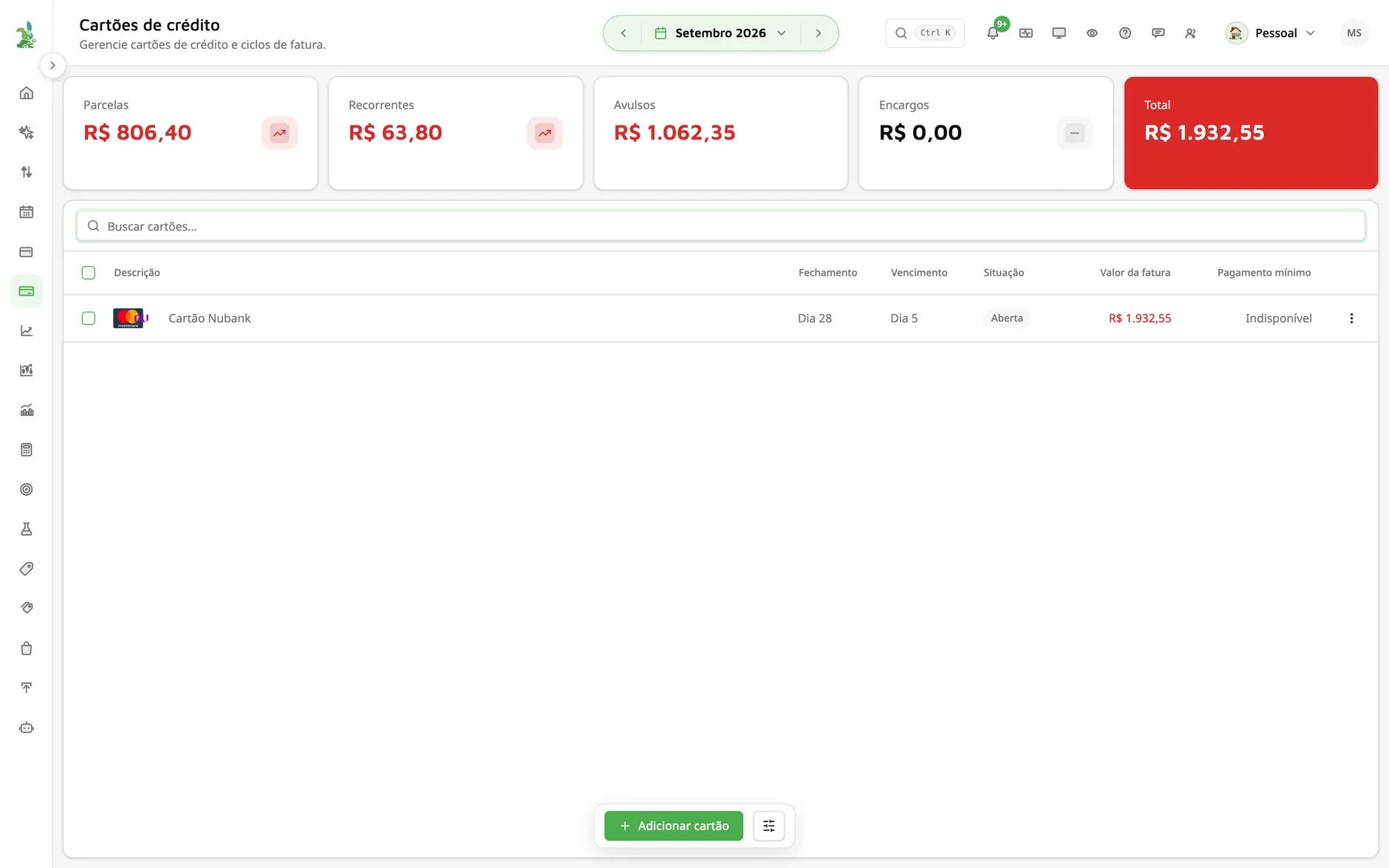 Tela de cartões de crédito do SmartBunny com limite e fatura de cada cartão