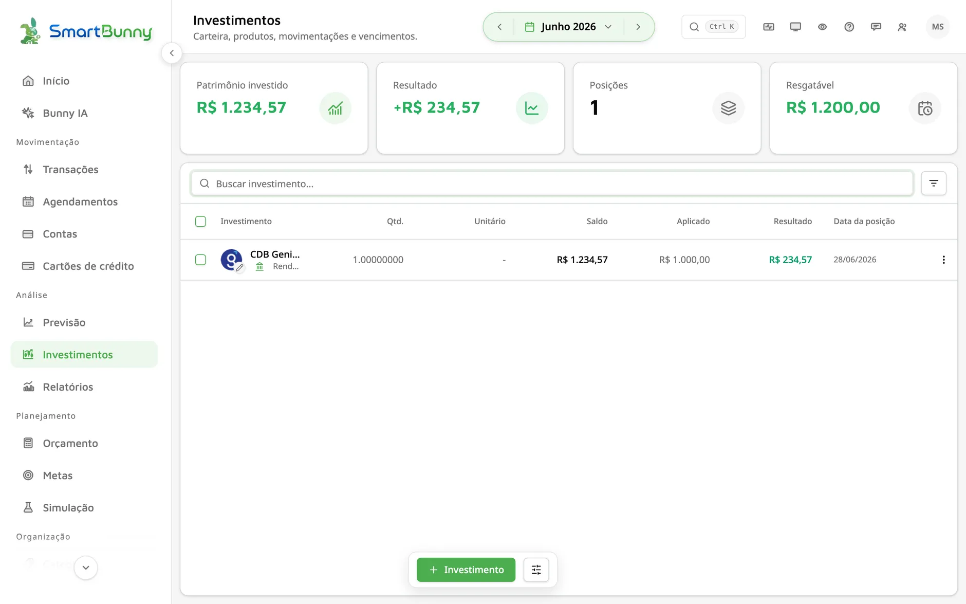 Tela de Investimentos do SmartBunny: carteira consolidada com patrimônio investido, resultado e posições