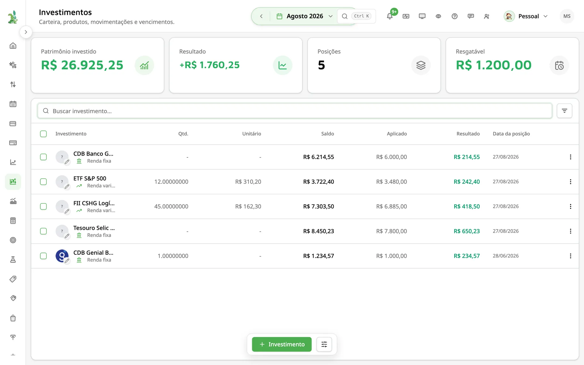 Tela de Investimentos do SmartBunny: carteira consolidada com patrimônio investido, resultado e posições
