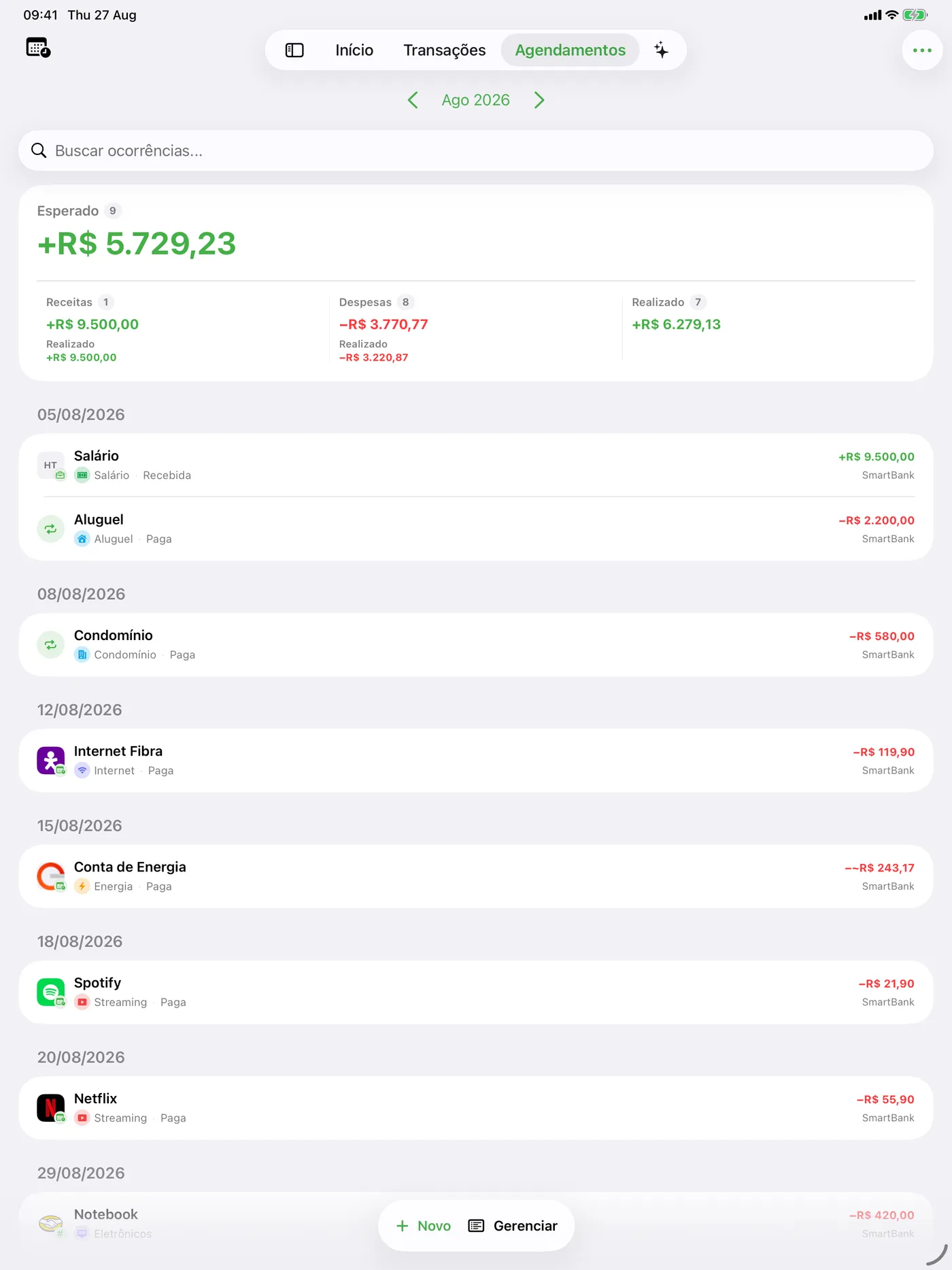 App do SmartBunny no iPad com assinaturas, contas e parcelas recorrentes