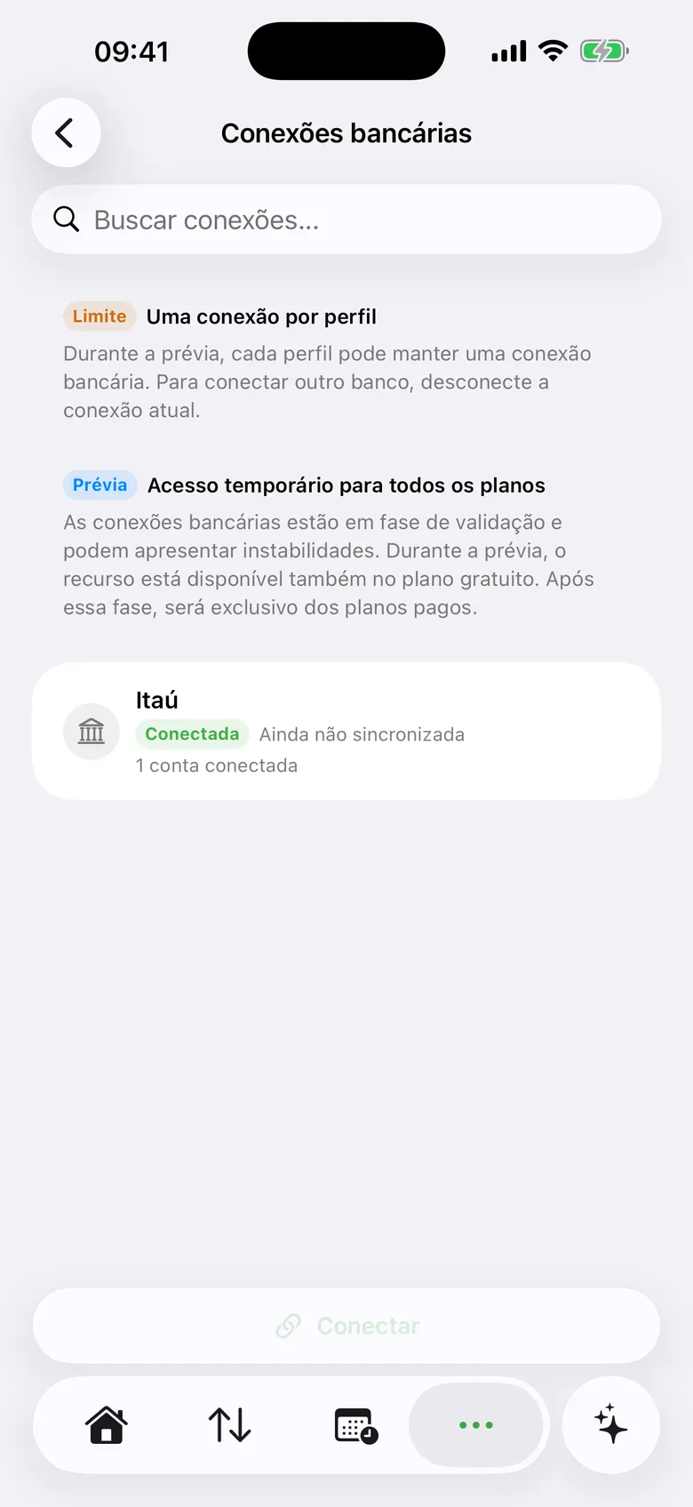 App do SmartBunny para iPhone mostrando a tela de conexões bancárias com um banco conectado pelo Open Finance