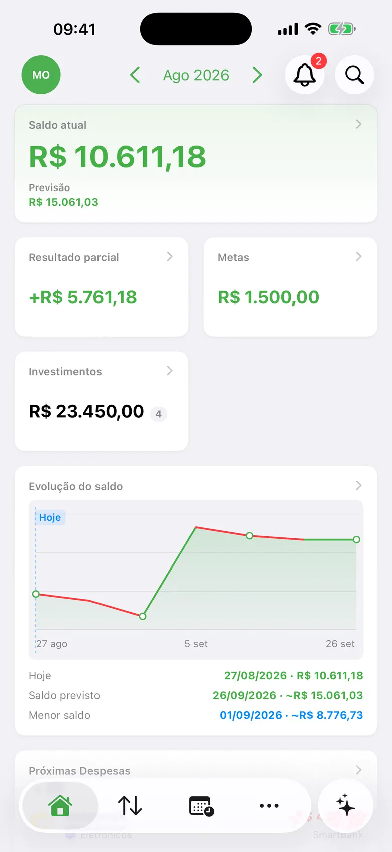 App do SmartBunny para iPhone mostrando o painel com saldo e gastos do mês