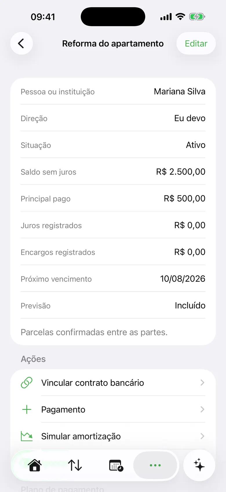 App do SmartBunny para iPhone mostrando um empréstimo com parcelas, juros e a tabela de amortização