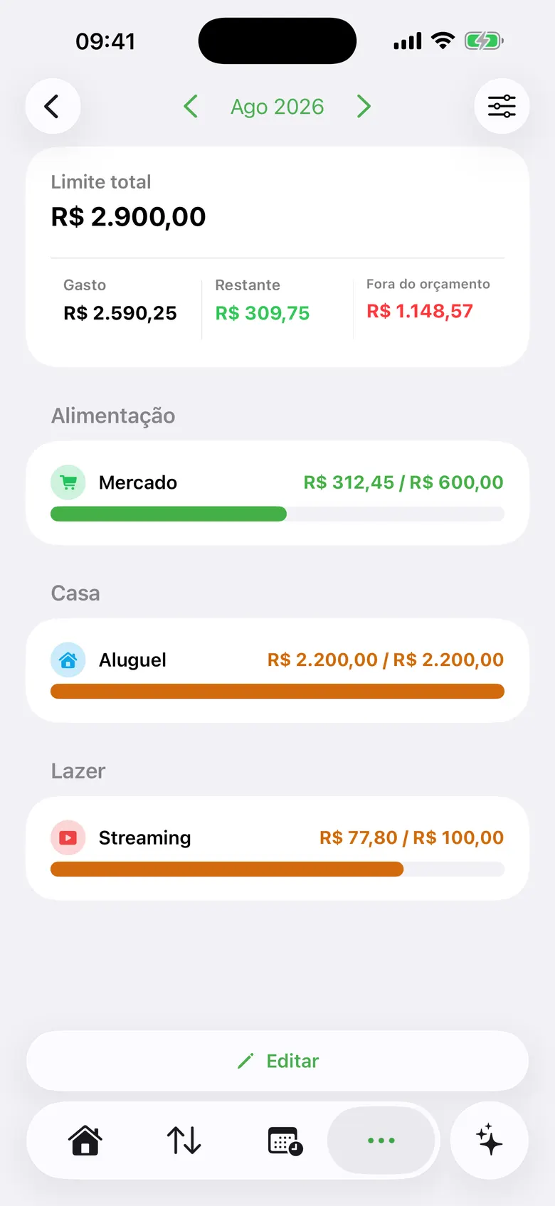 Tela de orçamentos do SmartBunny no iPhone com limites por categoria